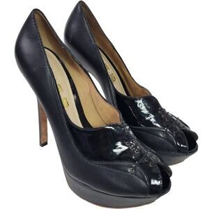 LAMB Peep Toe Stiletto Heel Black Leather Corset Platform Patent Dressy Size 8.5